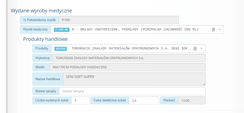 wyroby medyczne kody p100 pieluchomajtki