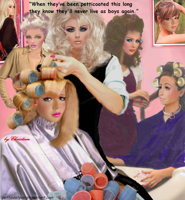 pampered petticoated sissy in hair salon