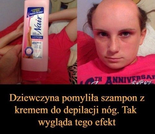 dziewczyna pomyliła szampon z kremem do depilacji