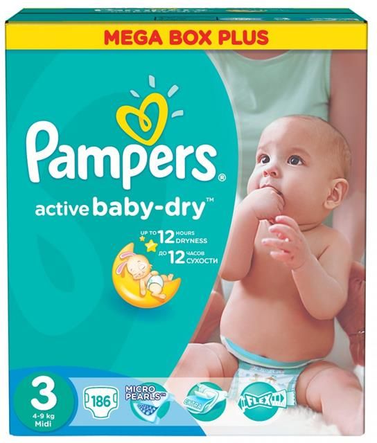 pampers active baby-dry pieluchy rozmiar 3 midi 4-9kg 174 sztuki